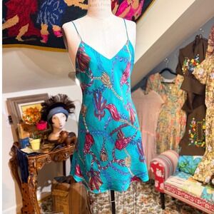 Vintage Victoria's Secret Teal 100% Silk Chain Tassel Slip Dress Mini - S